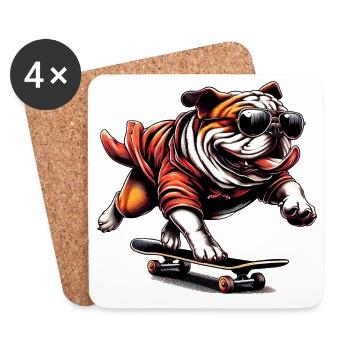 Bouledogue anglais chien sur planche à roulettes - Dessous de verre (lot de 4) - blanc - Devant