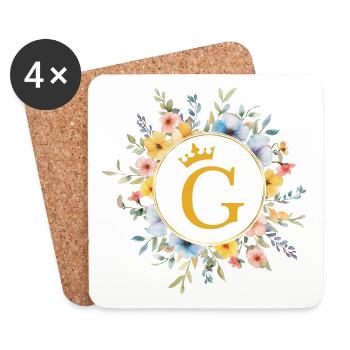 G Monogramm, Blumen-Kreis, personalisierbar - Untersetzer (4er-Set) - Weiß - Vorne