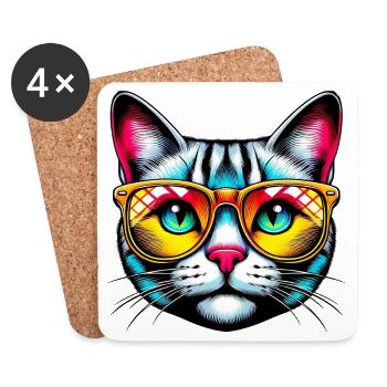 Chat avec des lunettes de soleil - Dessous de verre (lot de 4) - blanc - Devant