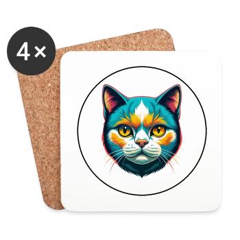 British Shorthair Chat Race Dessin animé Kawaii Animal - Dessous de verre (lot de 4) - blanc - Devant