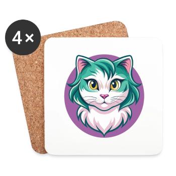 American Curl Chat Race Dessin Animé Kawaii Animal Pet - Dessous de verre (lot de 4) - blanc - Devant