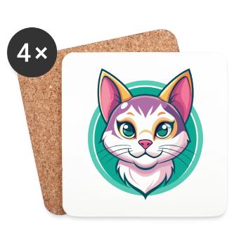 Coréen Bobtail Chat Race Dessin Animé Kawaii Animal Pet - Dessous de verre (lot de 4) - blanc - Devant