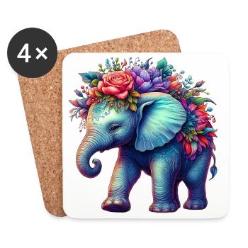 Éléphant avec des fleurs - Dessous de verre (lot de 4) - blanc - Devant