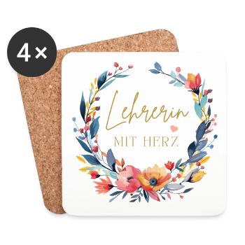 Lehrerin mit Herz! Blumen, personalisierbar - Untersetzer (4er-Set) - Weiß - Vorne