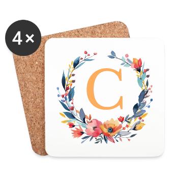 C Monogram, Couronne de fleurs, Personnalisable - Dessous de verre (lot de 4) - blanc - Devant