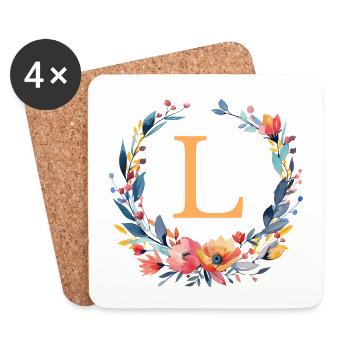 L Monogram, Couronne de fleurs, Personnalisable - Dessous de verre (lot de 4) - blanc - Devant