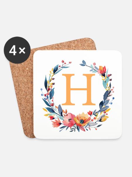 H Monogramm, Blumen-Kranz, personalisierbar - Untersetzer (4er-Set) - Weiß