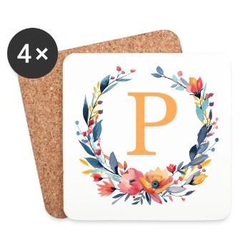 P Monogram, Couronne de fleurs, Personnalisable - Dessous de verre (lot de 4) - blanc - Devant