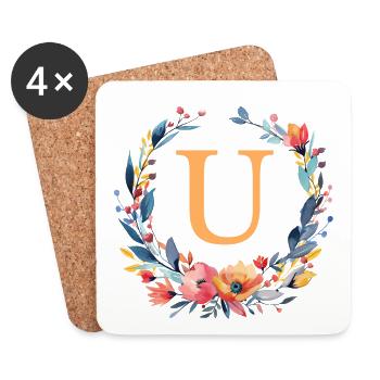 U Monogramm, Blumen-Kreis, personalisierbar - Untersetzer (4er-Set) - Weiß - Vorne
