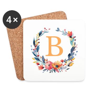 B Monogram, Couronne de fleurs, Personnalisable - Dessous de verre (lot de 4) - blanc - Devant
