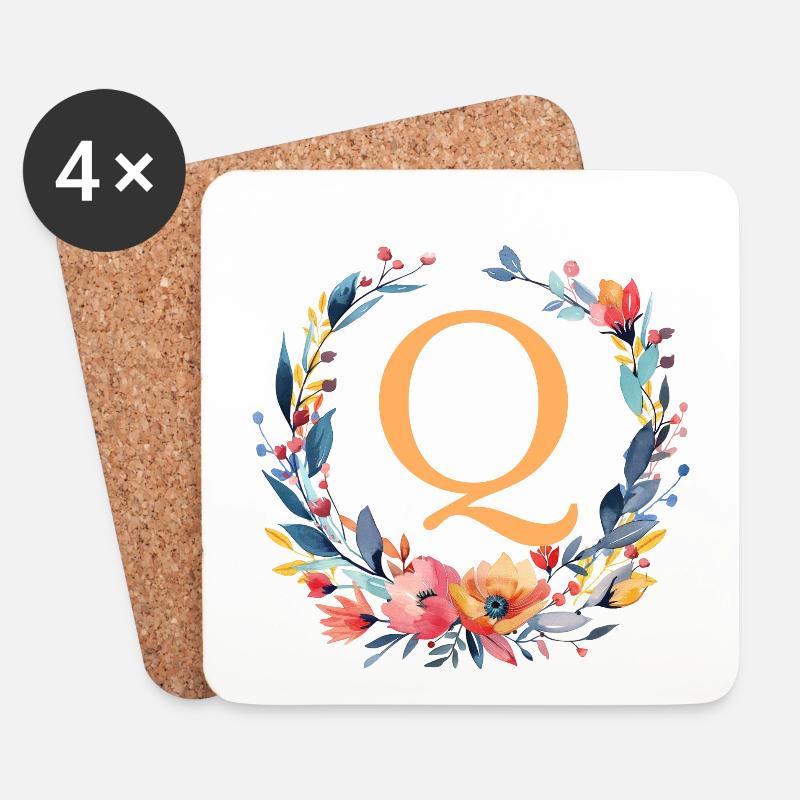 Q Monogramm, Blumen-Kranz, personalisierbar - Untersetzer (4er-Set) - Weiß