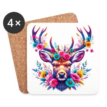 Deer decorated with flower flowers - Coasters (set of 4) - white - Front