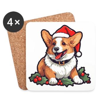Christmas Happy Corgi in Santa hat with holly - Coasters (set of 4) - white - Front