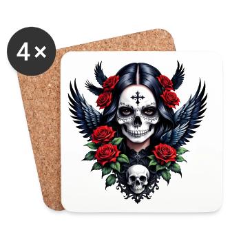 Crâne en sucre Ange avec des Roses. - Dessous de verre (lot de 4) - blanc - Devant