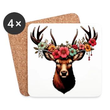 Cerf avec des fleurs - Dessous de verre (lot de 4) - blanc - Devant