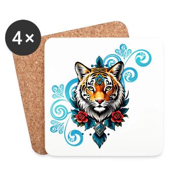 Tigre avec des décorations florales. - Dessous de verre (lot de 4) - blanc - Devant
