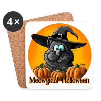Chat d'Halloween avec chapeau de sorcière - Dessous de verre (lot de 4) - blanc - Devant