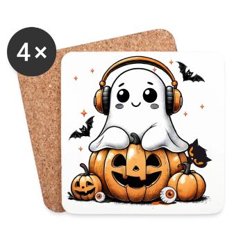 fantôme cool avec des écouteurs et une citrouille d’Halloween - Dessous de verre (lot de 4) - blanc - Devant