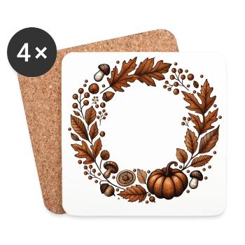 warm autumn wreath with leaves, mushrooms and pumpkin - Coasters (set of 4) - white - Front