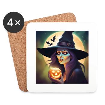 Halloween, Hexe, Kürbis - Untersetzer (4er-Set) - Weiß - Vorne