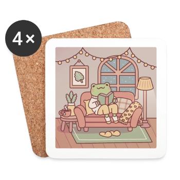 Cute Frog Reading A Book In Cozy Room - Coasters (set of 4) - white - Front