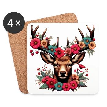 Hirsch mit Blumen - Untersetzer (4er-Set) - Weiß - Vorne