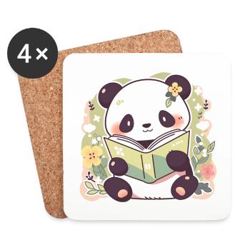 Panda Reading a Book - Cute Cartoon Design - Coasters (set of 4) - white - Front