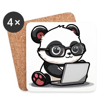 Panda Cartoon Working on Laptop with Glasses - Coasters (set of 4) - white - Front