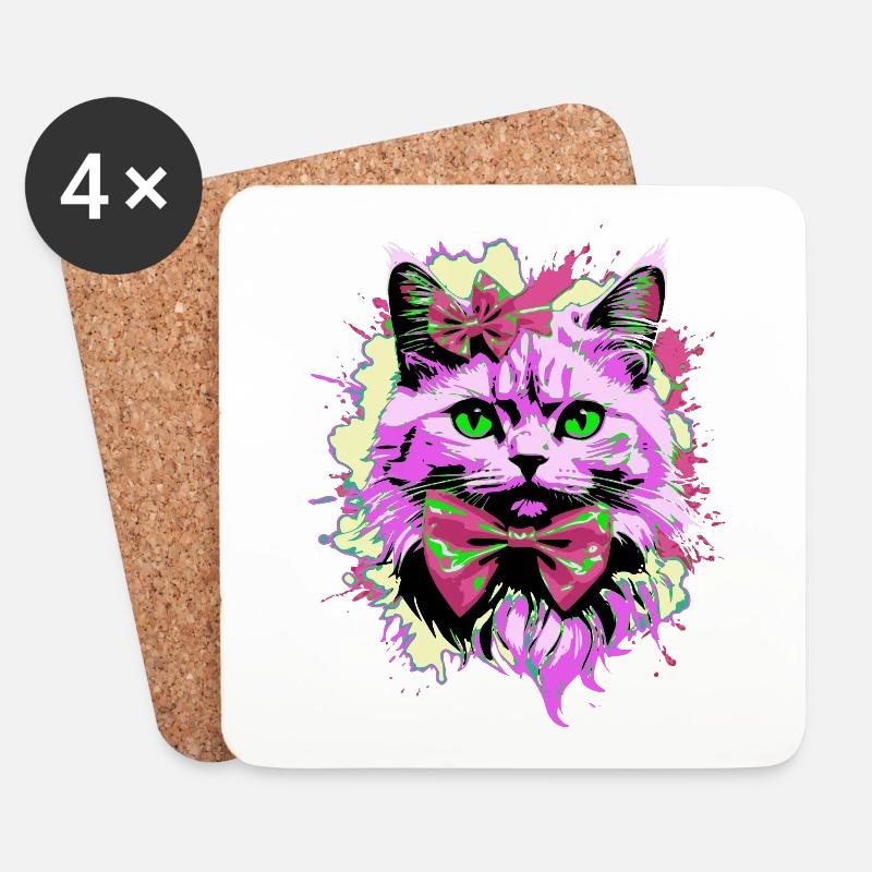 Neonkatze mit Fliege - Untersetzer (4er-Set) - Weiß