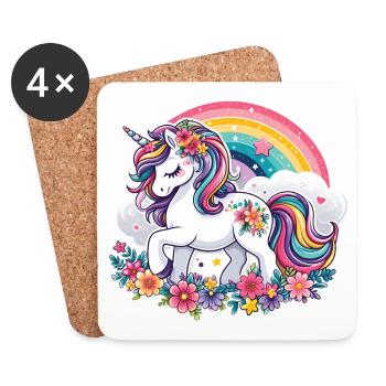 Licorne avec des fleurs et arc-en-ciel - Dessous de verre (lot de 4) - blanc - Devant