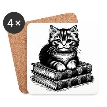 Katze auf Bücherstapel - Untersetzer (4er-Set) - Weiß - Vorne