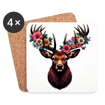 Cerf avec des fleurs - Dessous de verre (lot de 4) - blanc - Devant