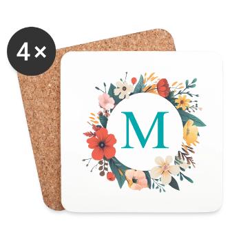 M Monogram, Couronne de fleurs, Personnalisable - Dessous de verre (lot de 4) - blanc - Devant