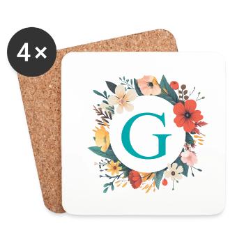 G Monogram, Couronne de fleurs, Personnalisable - Dessous de verre (lot de 4) - blanc - Devant