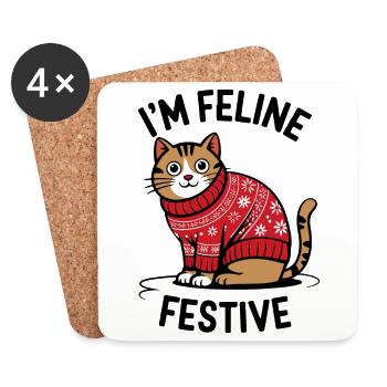 Chat festif avec pull de Noël - Dessous de verre (lot de 4) - blanc - Devant