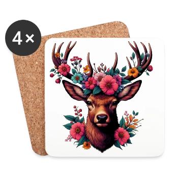 Cerf avec des fleurs - Dessous de verre (lot de 4) - blanc - Devant