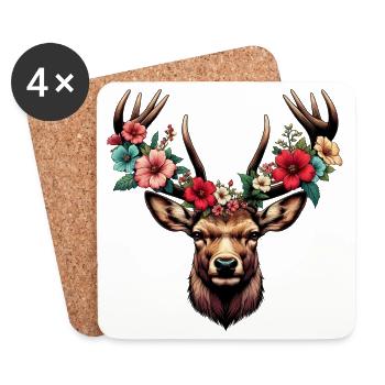 Cerf avec des fleurs - Dessous de verre (lot de 4) - blanc - Devant