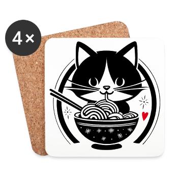 Kawaii Cat Eats Ramen - Design japonais mignon - Dessous de verre (lot de 4) - blanc - Devant