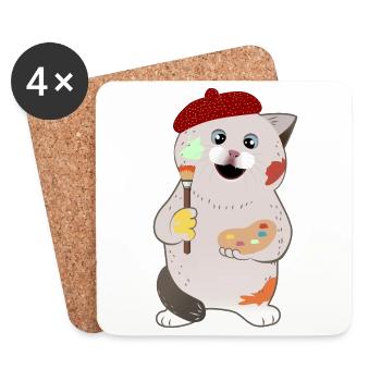 mignon chat potelé tenant un pinceau et une palette - Dessous de verre (lot de 4) - blanc - Devant