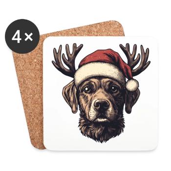 Chien avec chapeau de Noël et bois de Noël - Dessous de verre (lot de 4) - blanc - Devant