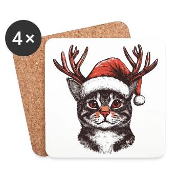 Chat avec chapeau de Noël et bois Noël - Dessous de verre (lot de 4) - blanc - Devant