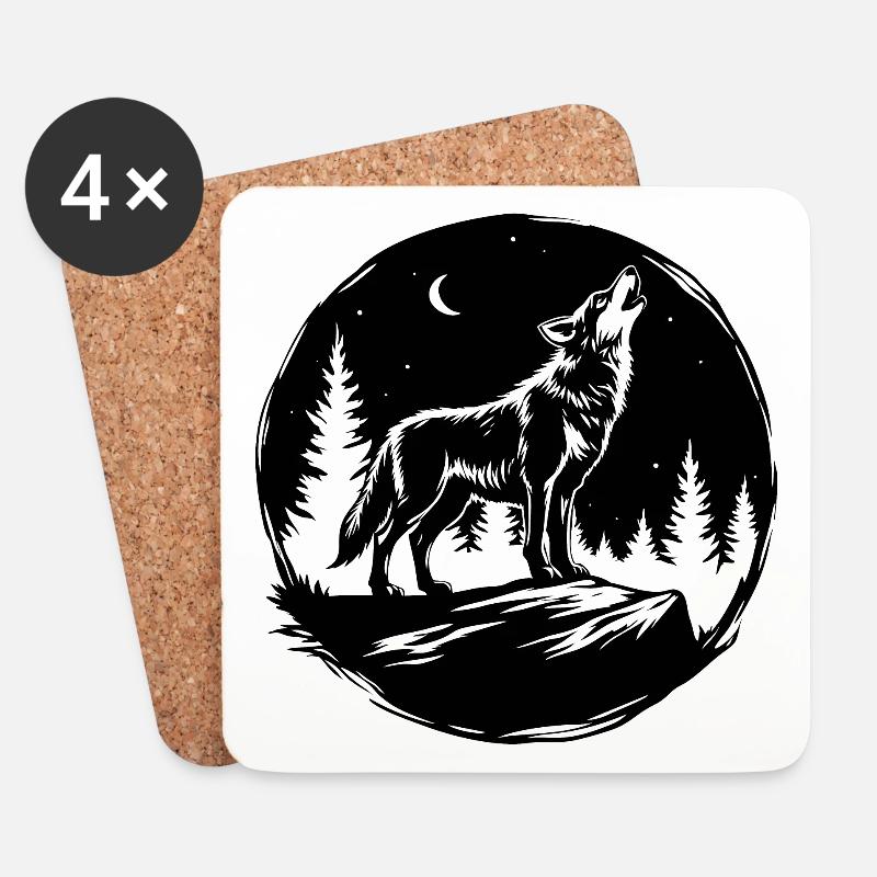 Schwarz-Weiß-Schablone: Heulender Wolf auf einem Felsen - Untersetzer (4er-Set) - Weiß