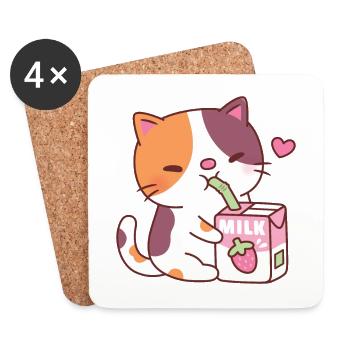 Cute Calico Cat Loves Drinking Strawberry Milk - Coasters (set of 4) - white - Front