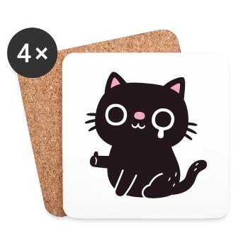Traurige Schwarze Katze Lächeln Daumen Hoch Lustig - Untersetzer (4er-Set) - Weiß - Vorne