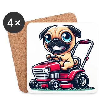 Mops auf Traktor Landschaftsgarten Rasentraktor - Untersetzer (4er-Set) - Weiß - Vorne