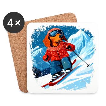 Ski teckel - Dessous de verre (lot de 4) - blanc - Devant