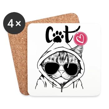 Chat à capuche avec des lunettes de soleil - Dessous de verre (lot de 4) - blanc - Devant
