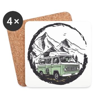 Camping-car rétro dans le cercle de la montagne - Dessous de verre (lot de 4) - blanc - Devant