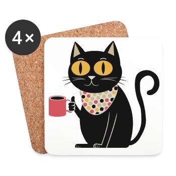 Polka Dot Bandana Cat with Mug - Coasters (set of 4) - white - Front