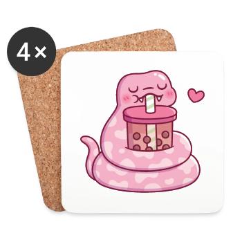 Cute Pink Snake Drinking Bubble Tea - Coasters (set of 4) - white - Front